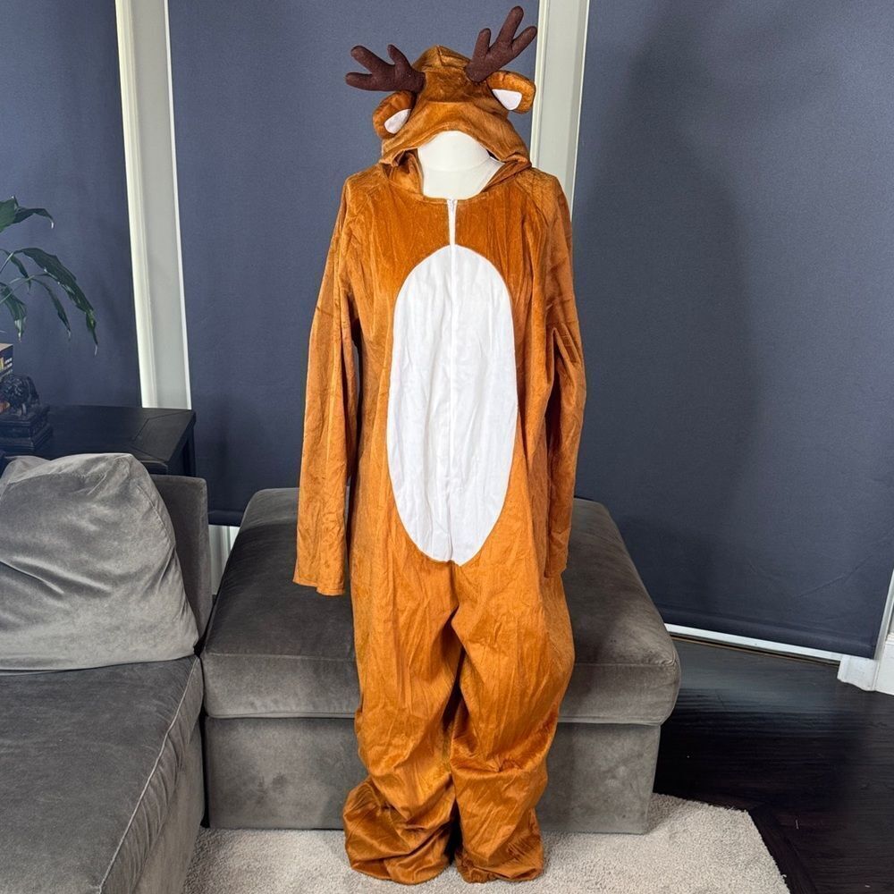 Adult Reindeer Unisex Costume Brown and White Zip Front One Piece Size XL NWOT